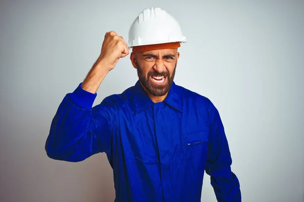 Bell Uomo Operaio Indiano Che Indossa Uniforme Casco Sfondo Bianco — Foto Stock