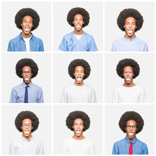 年轻男子的拼贴与非洲头发在白色被隔绝的背景伸出舌头以滑稽的表示高兴 情感概念 — 图库照片