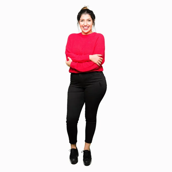 Mujer Hermosa Joven Vistiendo Suéter Rojo Moño Cara Feliz Sonriendo —  Fotos de Stock