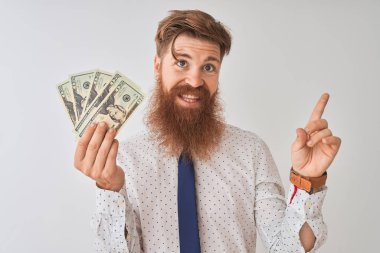 Genç Redhead İrlandalı işadamı tutan dolar izole beyaz arka planda ayakta çok mutlu yan el ve parmak ile işaret