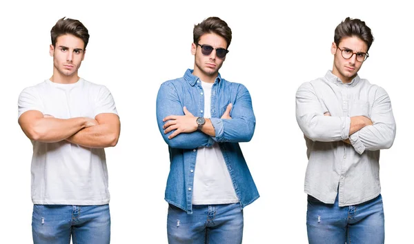 Colagem Homem Bonito Jovem Sobre Fundo Isolado Cético Nervoso Desaprovando — Fotografia de Stock