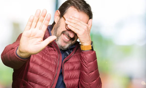 Middle Age Handsome Man Wearing Glasses Winter Coat Covering Eyes — Stock Photo, Image