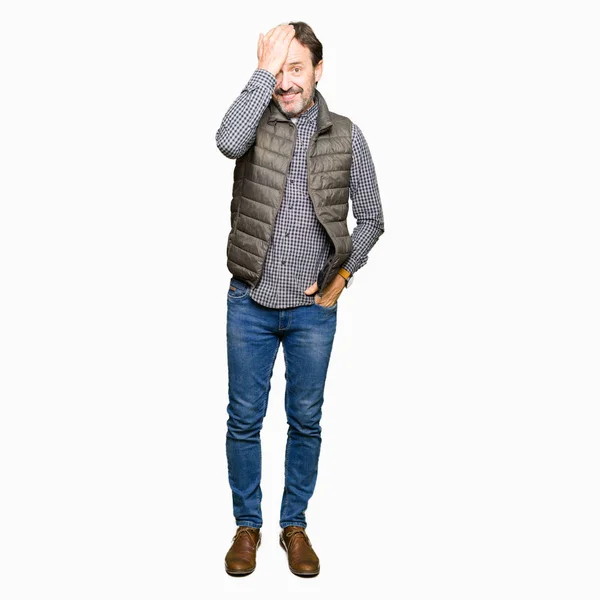 Middle Age Handsome Man Wearing Winter Vest Surprised Hand Head — Stock Photo, Image