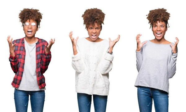 İzole arka plan üzerinde genç güzel Afrikalı kız kolaj çılgın ve deli bağırma ve agresif ifade ve silah ile bağırdı kaldırdı. Hayal kırıklığı kavramı.