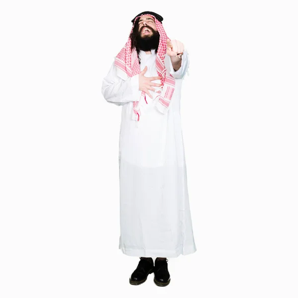 Człowiek Biznesu Arabskiego Długich Włosów Noszenia Tradycyjnych Kefija Szalik Rozweselający — Zdjęcie stockowe