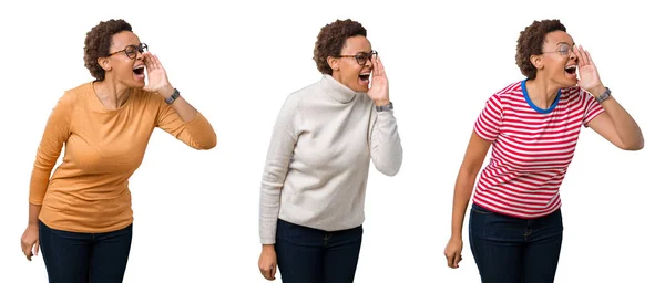 年轻的非洲裔美国妇女戴着眼镜 高喊着 一边大叫 手捂着嘴 沟通概念 — 图库照片
