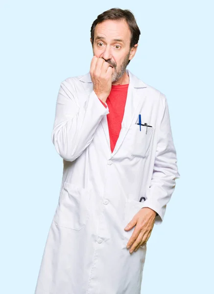 Middle Age Therapist Wearing White Coat Looking Stressed Nervous Hands — Stock Photo, Image