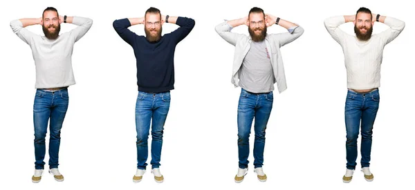 Collage of young man with bun over white isolated background Relaxing and stretching with arms and hands behind head and neck, smiling happy