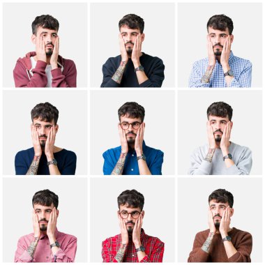 Yüz, depresyon ve üzüntü, üzgün ve sorun için tahriş kapsayan izole arka plan yorgun eller genç adam kolaj