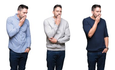 Kolaj yakışıklı iş adamı üzerinde beyaz bir arka plan ağız el ile kapsayan yorgun esneme sıkılmış izole. Restless ve uyku hali.