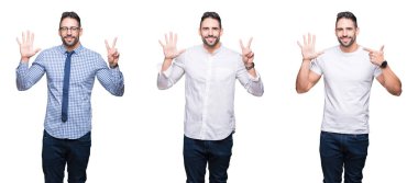 Beyaz izole arka plan üzerinde yakışıklı iş adamı Kolaj gösteren ve emin ve mutlu gülümserken parmakları ile numara yedi işaret.