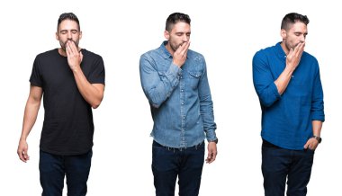 Beyaz izole arka plan üzerinde yakışıklı adam kolaj el ile yorgun kaplayan ağız esneme sıkılmış. Huzursuz ve uykululuk.