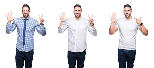 Colagem Homem Negócios Bonito Sobre Fundo Isolado Branco Mostrando Apontando — Fotografia de Stock