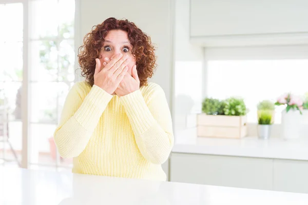 Beautiful Senior Woman Wearing Yellow Sweater Shocked Covering Mouth Hands — Stock Photo, Image