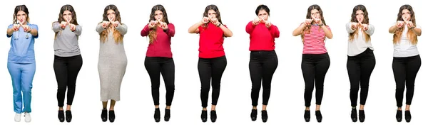 Colagem Bela Jovem Mulher Vestindo Diferentes Olhares Sobre Fundo Isolado — Fotografia de Stock