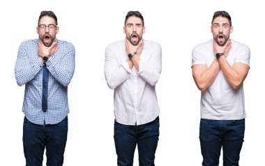 Kolaj yakışıklı iş adamı izole beyaz üzerinde bir arka plan bağırarak ve çünkü boğmak acı kendi ellerimle öldürürüm. Sağlık sorunu. Yaralarından ve intihar kavramı.