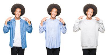 Beyaz izole arka plan üzerinde afro saçlı genç adamın kolaj emin gösteren gülümseyerek ve parmakları diş ve ağız ile işaret. Sağlık kavramı.