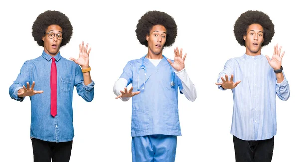 Colagem Jovem Com Cabelo Afro Sobre Fundo Isolado Branco Com — Fotografia de Stock
