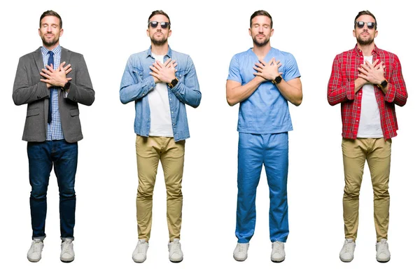 Collage Atractivo Joven Sobre Fondo Blanco Aislado Sonriendo Con Las — Foto de Stock