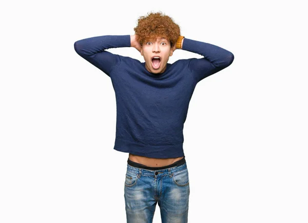 Young Handsome Man Afro Hair Crazy Scared Hands Head Afraid — Stock Photo, Image