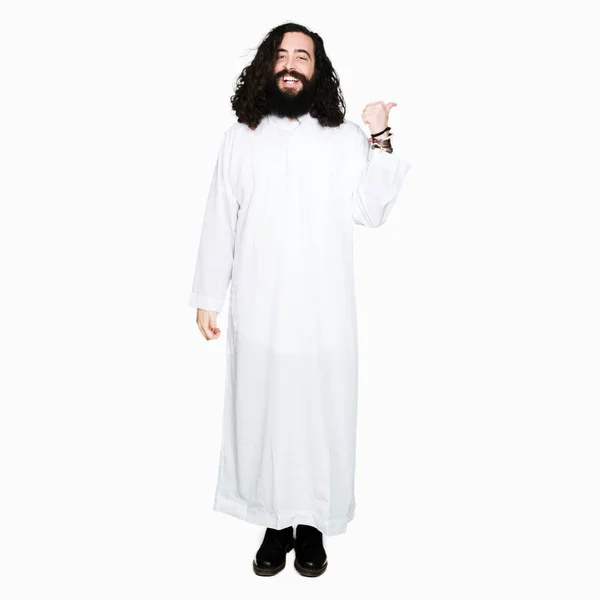 Ember Mosolyogva Boldog Arc Keres Hüvelykujj Oldalán Felfelé Mutató Jézus — Stock Fotó