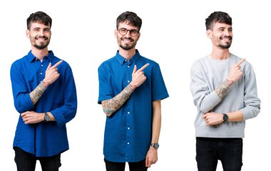 Yüz üzerinde mutlu ve doğal ifade ile yan kadar el ve parmak ile işaret yüzü bir gülümseme ile izole arka plan neşeli üzerinde genç adam kolaj