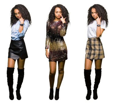 Parti giyen genç kadının kolajı izole beyaz arka plana bakar Seni jest izlerken göze işaret, şüpheli ifade