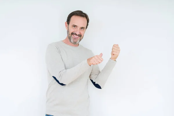 Elegant Senior Man Isolated Background Pointing Back Hand Thumbs Smiling — Stock Photo, Image