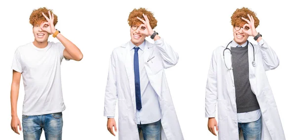 Kolaż Młodego Lekarza Człowieka Noszenie Płaszcz Medyczny Białym Tle Robi — Zdjęcie stockowe