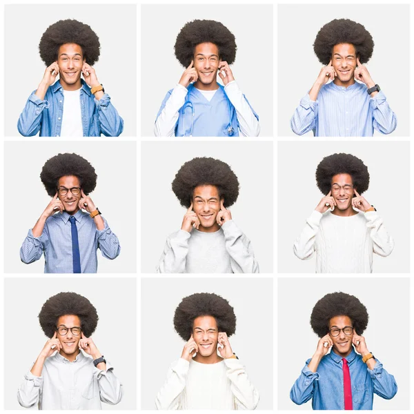 Koláž Mladého Muže Svými Vlasy Bílém Izolovaném Pozadí Zakrývající Uši — Stock fotografie