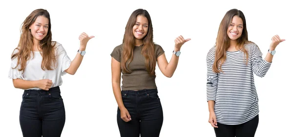 Colagem Bela Jovem Sobre Fundo Isolado Sorrindo Com Rosto Feliz — Fotografia de Stock