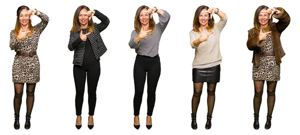 Collage Mujer Elegante Mediana Edad Sobre Fondo Blanco Aislado Sonriendo — Foto de Stock