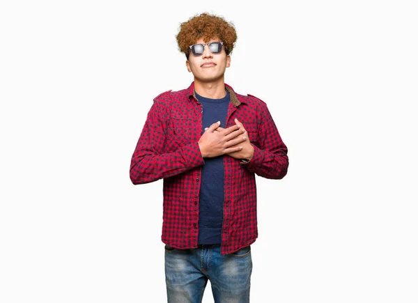 Young Handsome Man Afro Hair Wearing Sunglasses Smiling Hands Chest — Stock Photo, Image