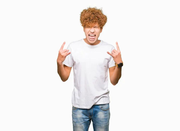 Young Handsome Man Afro Hair Wearing Casual White Shirt Shouting — Stock Photo, Image