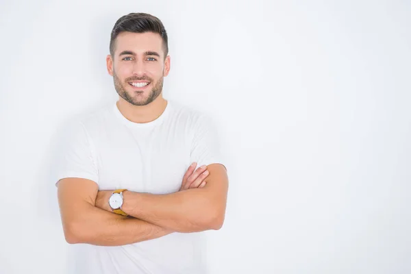 Joven Hombre Guapo Sonriendo Feliz Vistiendo Casual Camiseta Blanca Sobre —  Fotos de Stock