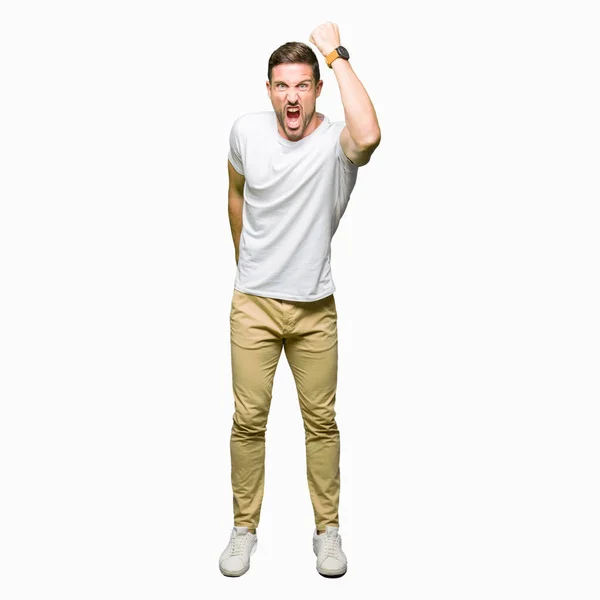 Handsome Man Wearing Casual White Shirt Angry Mad Raising Fist — Stock Photo, Image