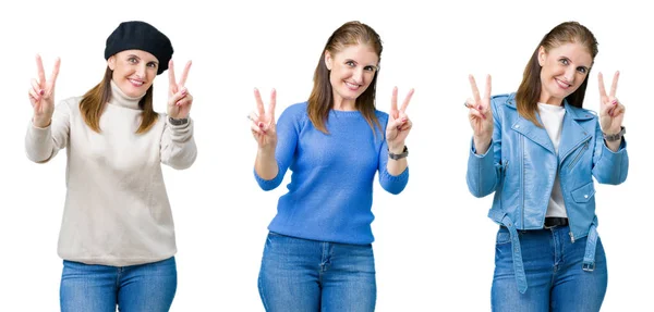 Colagem Bela Mulher Meia Idade Sobre Fundo Isolado Sorrindo Olhando — Fotografia de Stock