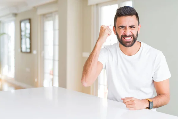 Handsome Hispanic Man Casual White Shirt Home Angry Mad Raising — Stock Photo, Image