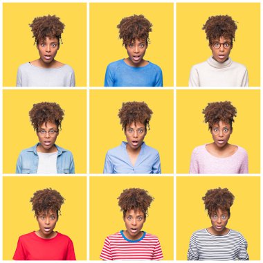 Sarı izole arka plan üzerinde genç güzel Afrikalı kız Kolaj korkmuş ve sürpriz ifade, korku ve heyecanlı yüz ile şok.