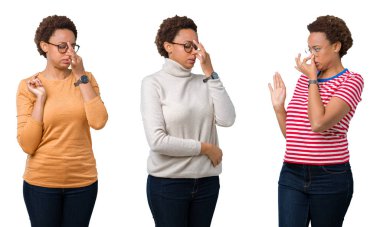 Afro saçlı, gözlüklü genç afro-amerikalı kadın kokuşmuş ve bir koku kokuyor, dayanılmaz kokuyor, burnunda parmaklarıyla nefes tutuyor. Kötü kokular kavramı.