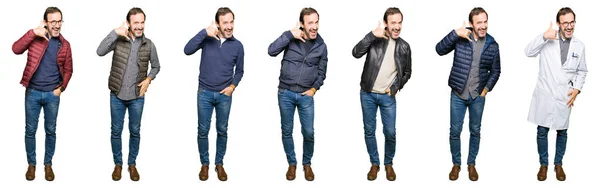 拼音英俊的中年男子穿着不同的长相 在白色孤立的背景微笑做电话手势与手和手指像在电话上交谈 沟通概念 — 图库照片