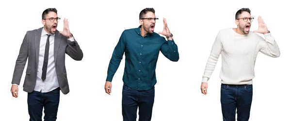 Colagem Homem Negócios Bonito Sobre Fundo Isolado Branco Gritando Gritando — Fotografia de Stock