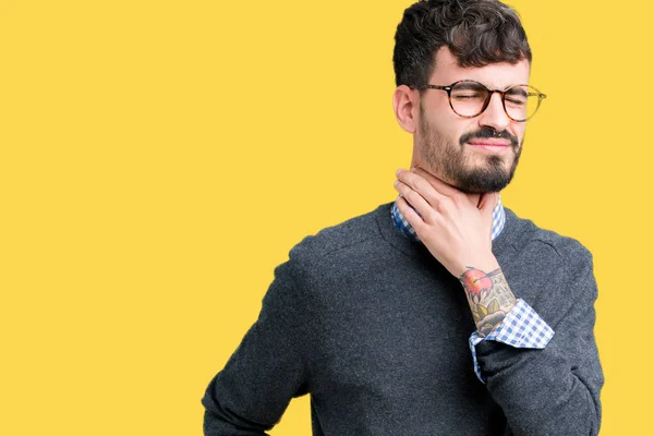 Joven Hombre Inteligente Guapo Con Gafas Sobre Fondo Aislado Tocando — Foto de Stock