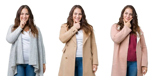 Colagem Mulher Bonita Size Vestindo Casaco Inverno Sobre Fundo Isolado — Fotografia de Stock