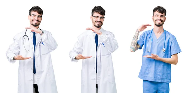 Collage Eines Arztes Medizinischem Mantel Über Isoliertem Hintergrund Gestikulierend Mit — Stockfoto