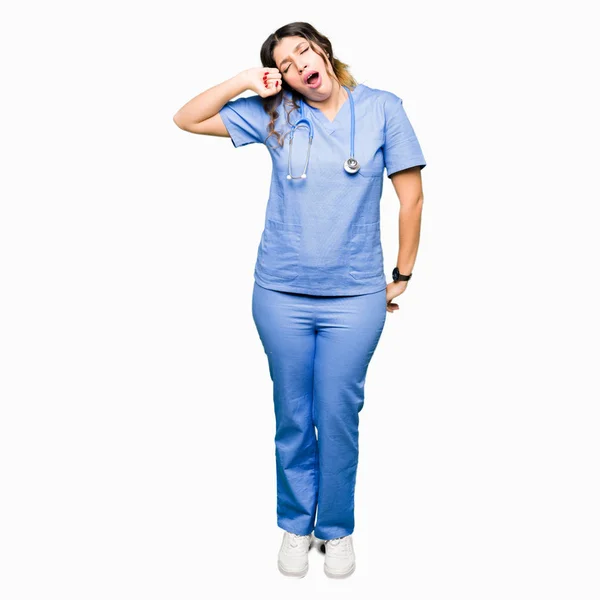 Young Adult Doctor Woman Wearing Medical Uniform Stretching Back Tired — Stock Photo, Image