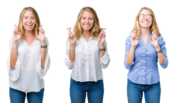 Koláž Krásné Blonďaté Obchodní Ženy Bílém Izolovaném Pozadí Usmívajíje Přes — Stock fotografie