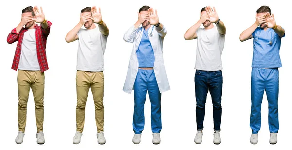 Collage Jeune Homme Séduisant Sur Fond Blanc Isolé Couvrant Les — Photo