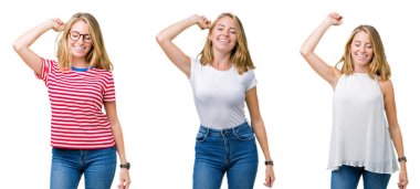 Kolaj hareketli rahat ve kendinden emin müzik gülümseyen güzel sarışın kadının mutlu ve neşeli, dans beyaz izole arka plan üzerinde