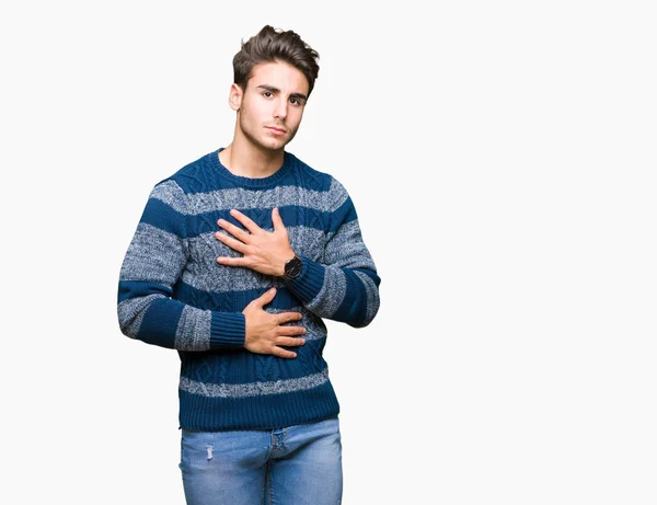 年轻英俊的男子在孤立的背景下 手上的胃因为消化不良 痛苦的疾病感到不适 疼痛概念 — 图库照片